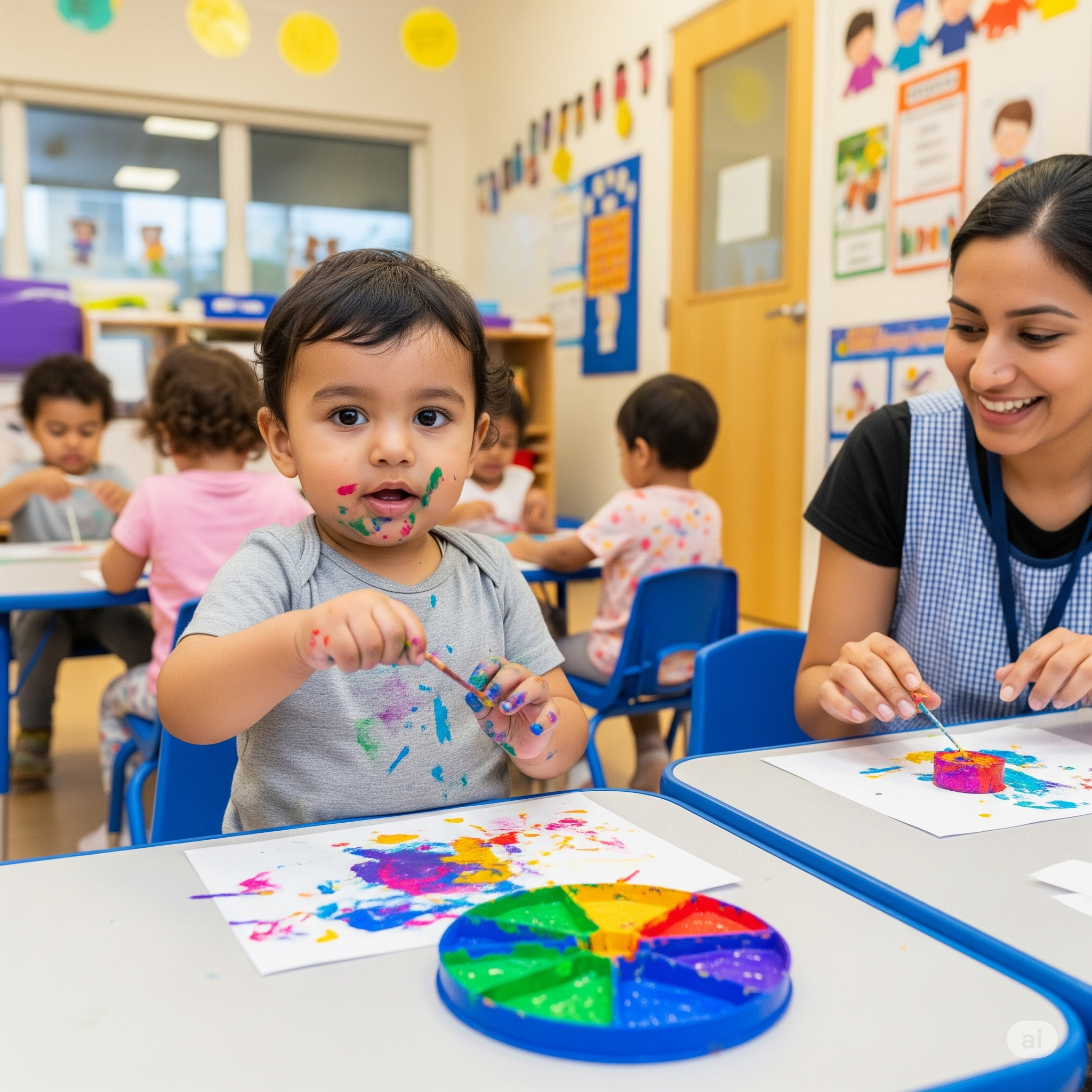 A young child painting with a teacher in a childcare classroom